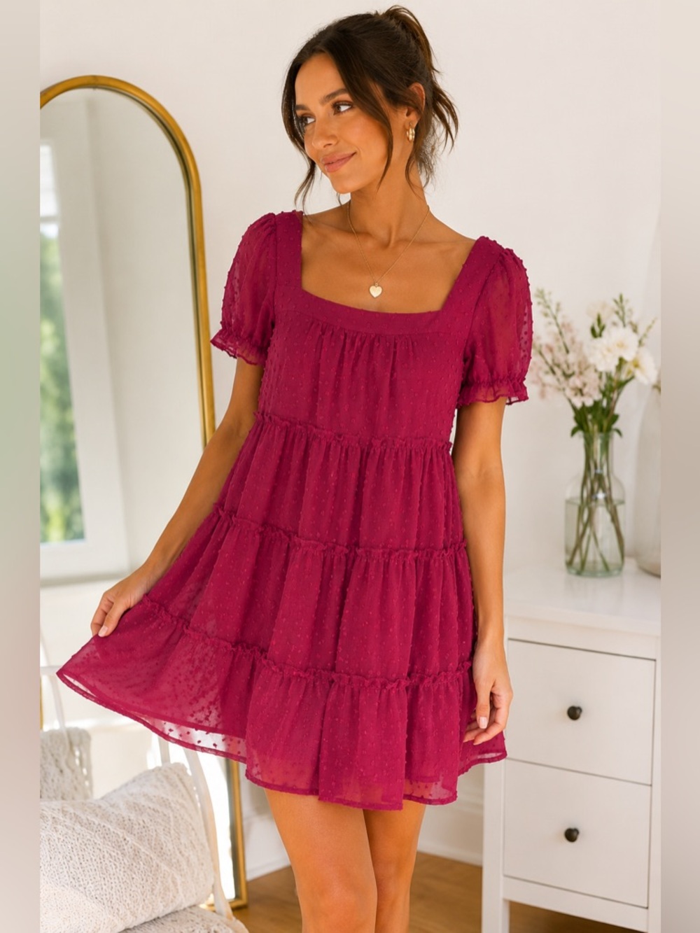 Trixxi Women’s Swiss Dot Babydoll Mini Dress Berry Pink Puff Sleeve Sz L NWT